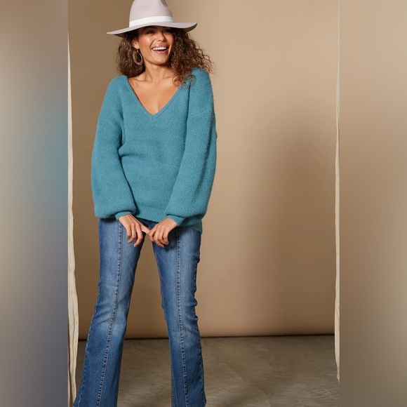 Cosy Teal Knit V-Neck Winter Sweater Jumper NWT - Picture 3 of 14